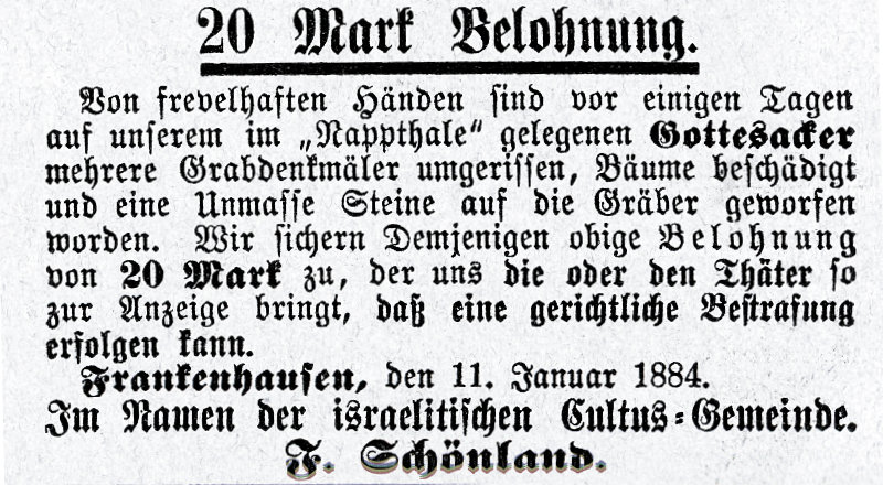 Zeitungsannonce 1884 800